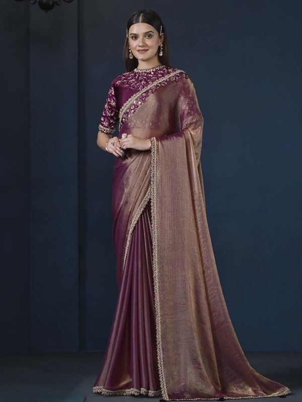 Shaded Plum Crepe Satin Silk Party Wear Saree